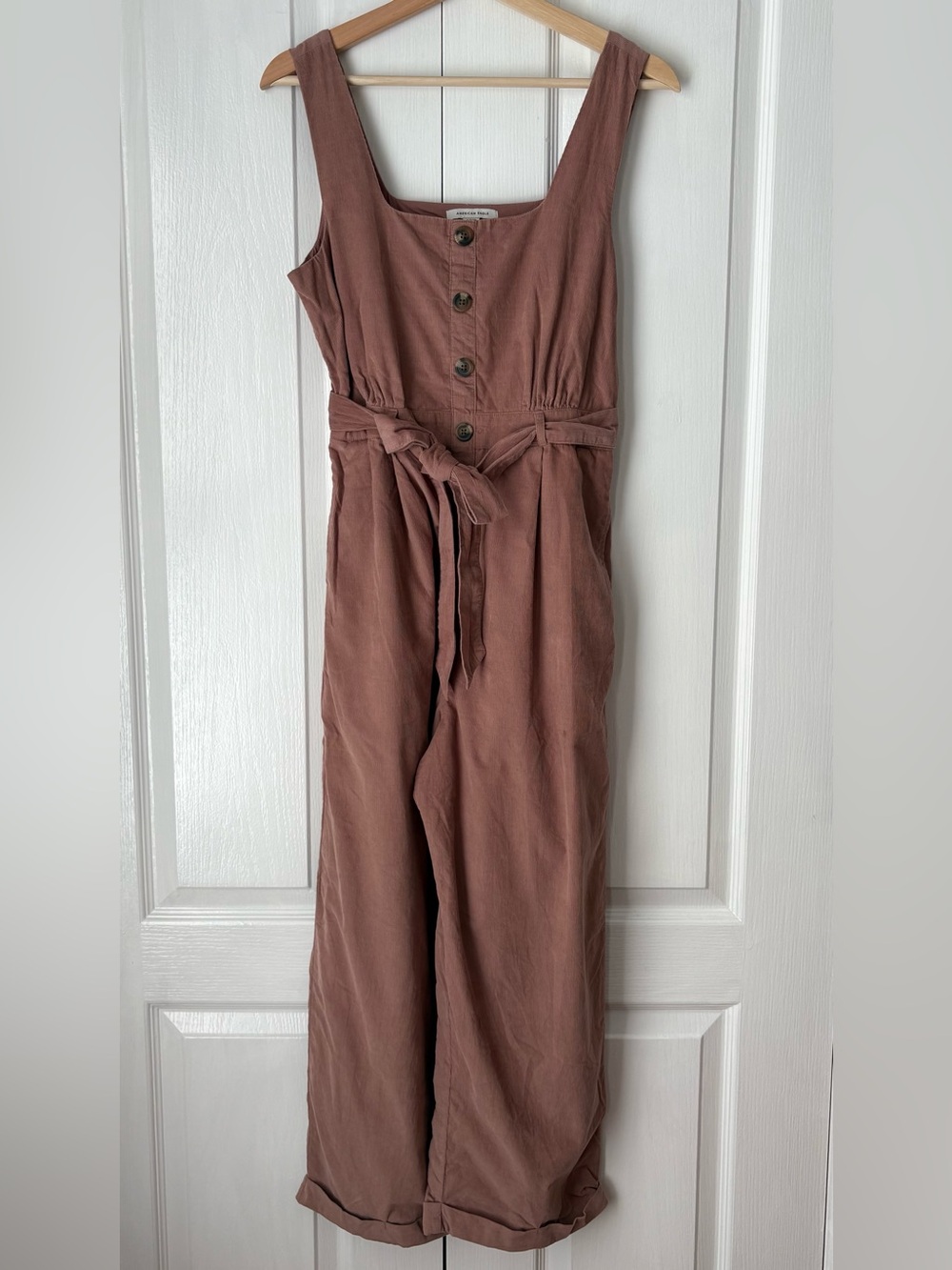 American Eagle Outfitters Dusty Mauve Button-Front Tie-Waist Jumpsuit, S 🩷